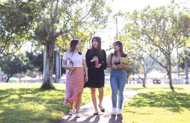 International students walking in a park