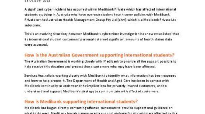Medibank Private cyber incident factsheet for international students