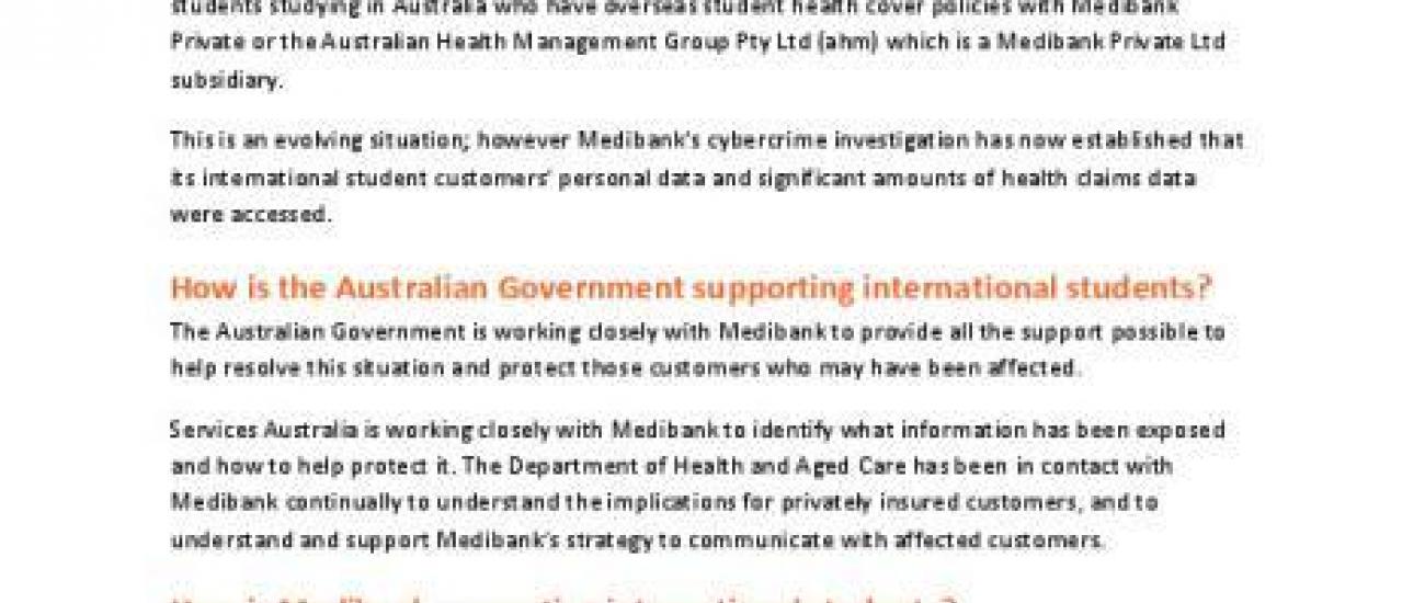 Medibank Private cyber incident factsheet for international students